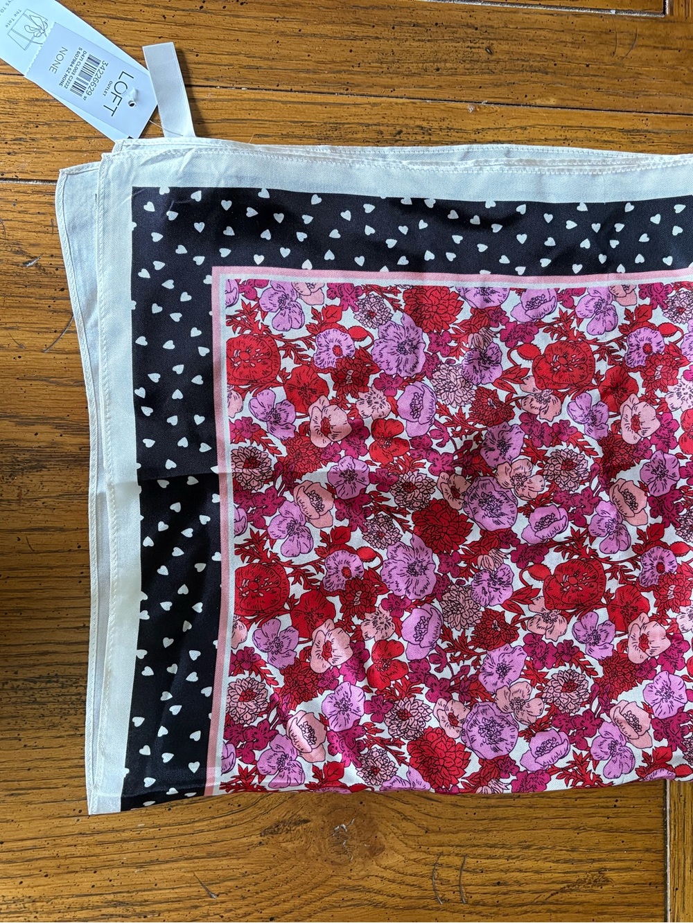 Ann Taylor Loft Floral Red Pink Silk Scarf with Black Heart Border NWT - Picture 5 of 6